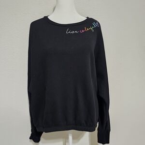 crown & ivy Black Sweatshirt with Colorful Embroidery